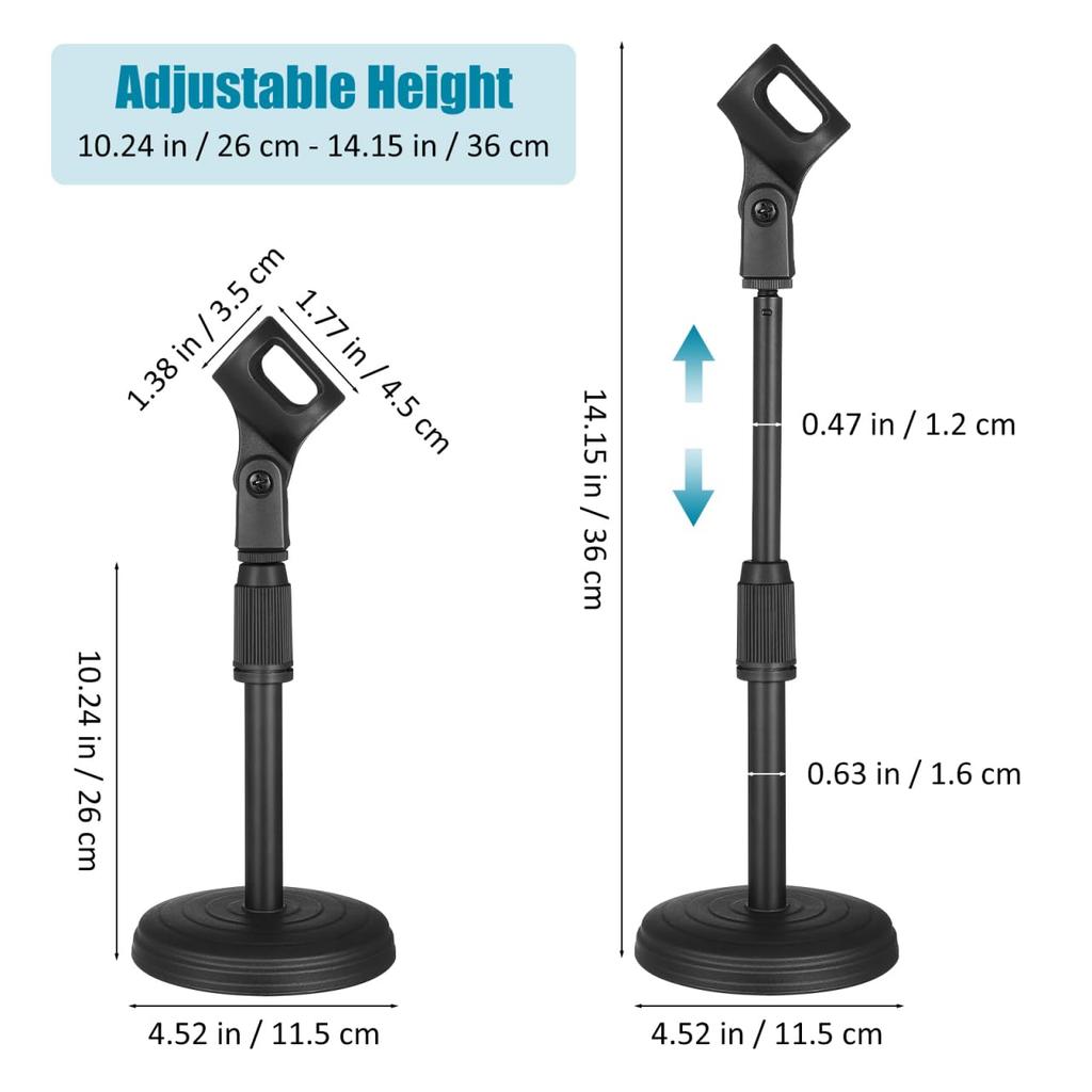 KALLORY Microphone Stand Desktop Round Base Adjustable Height 26-36cm Microphone Clip Included Lightweight Space-Saving Black