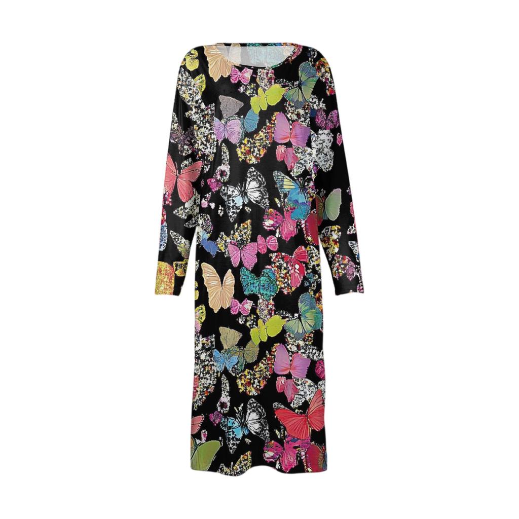 Women's Fashion Casual Long Sleeve Floral Print Round Neck Pocket Elegant Temperament Dress
