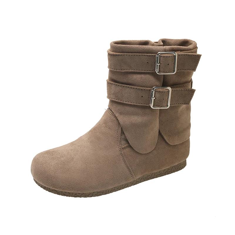 Suede Booties Autumn New Round Toe Sleeve Metal Buckle Non-Slip Wear-Resistant Flats
