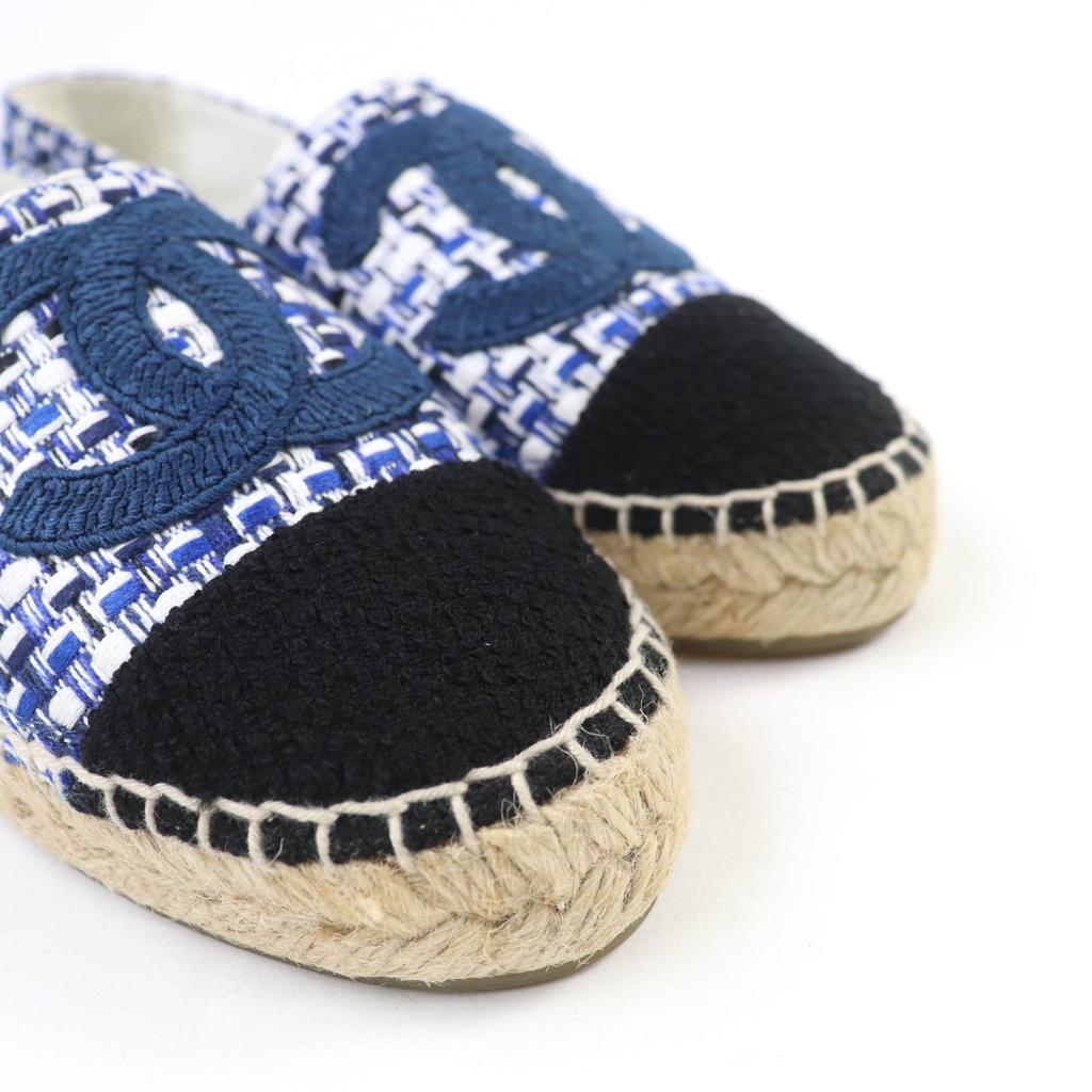 Great CHANEL Leather Shoes COCO Mark Tweed Espadrilles Blue Women 35 G34546 Used