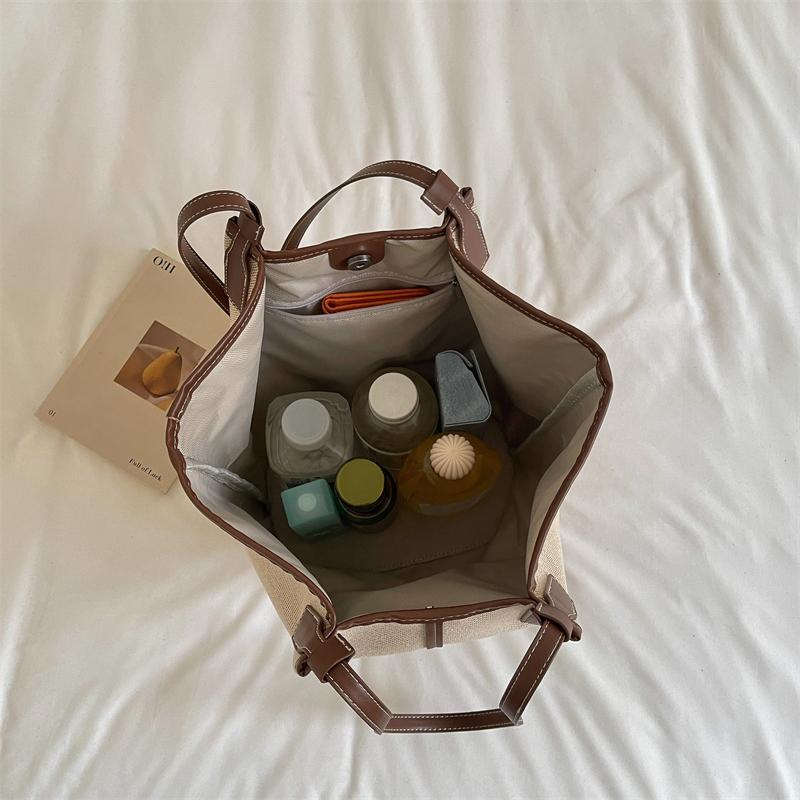 Canvas-Tragetasche mit Kontrastbesatz und langen Trägern, lässige Alltags-Einkaufstasche für Damen, für den täglichen Gebrauch