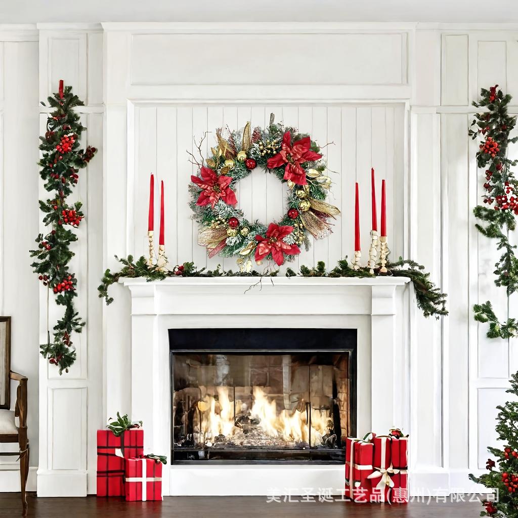 40CM Red Wreath Christmas Wreath For Fornt Door Gold Red Flowers Wreath Door Window Hanging Outdoor Indoor Christmas Decoration