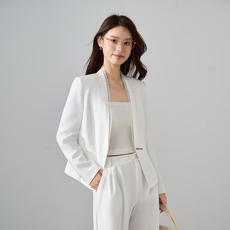 Women's Lace Patchwork Collarless Suit Jacket