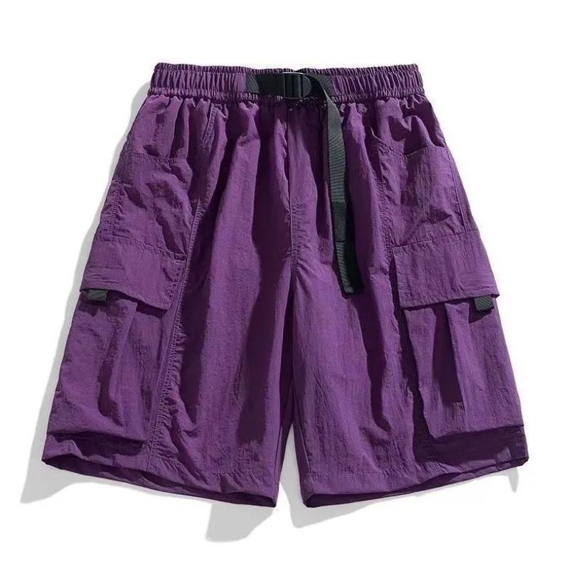 Pantalones Cortos Cargo Beige para Hombre Diseño Multibolsillo Cintura Elástica Correa Morada Pantalones Cortos Casuales de Verano