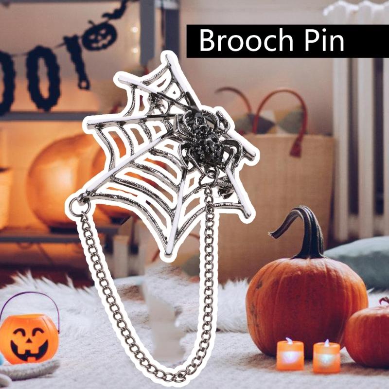 Punk Spiders Net Lapel Pin with Chain Halloween Costume Jewelry Accessories for Women Men, Punk Chain Brooch Lapel Pin