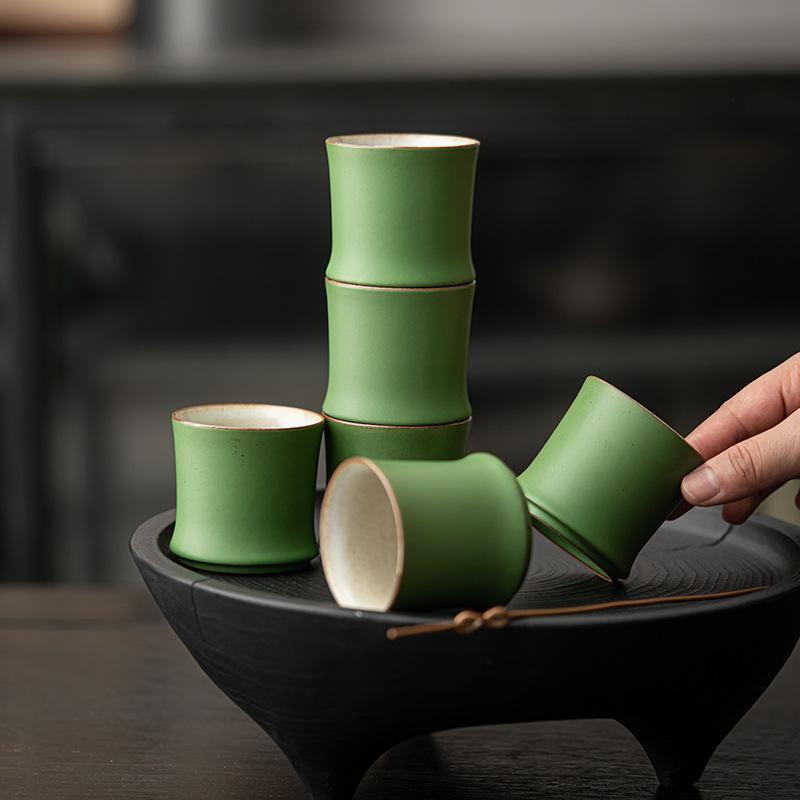 1-6 Stück 90ml Kreative Chinesische Keramik Öffnungstassen Grün Schönes Kung Fu Teetassen Set Bambus Teegeschirr Tassen Teeceremonie Teetasse