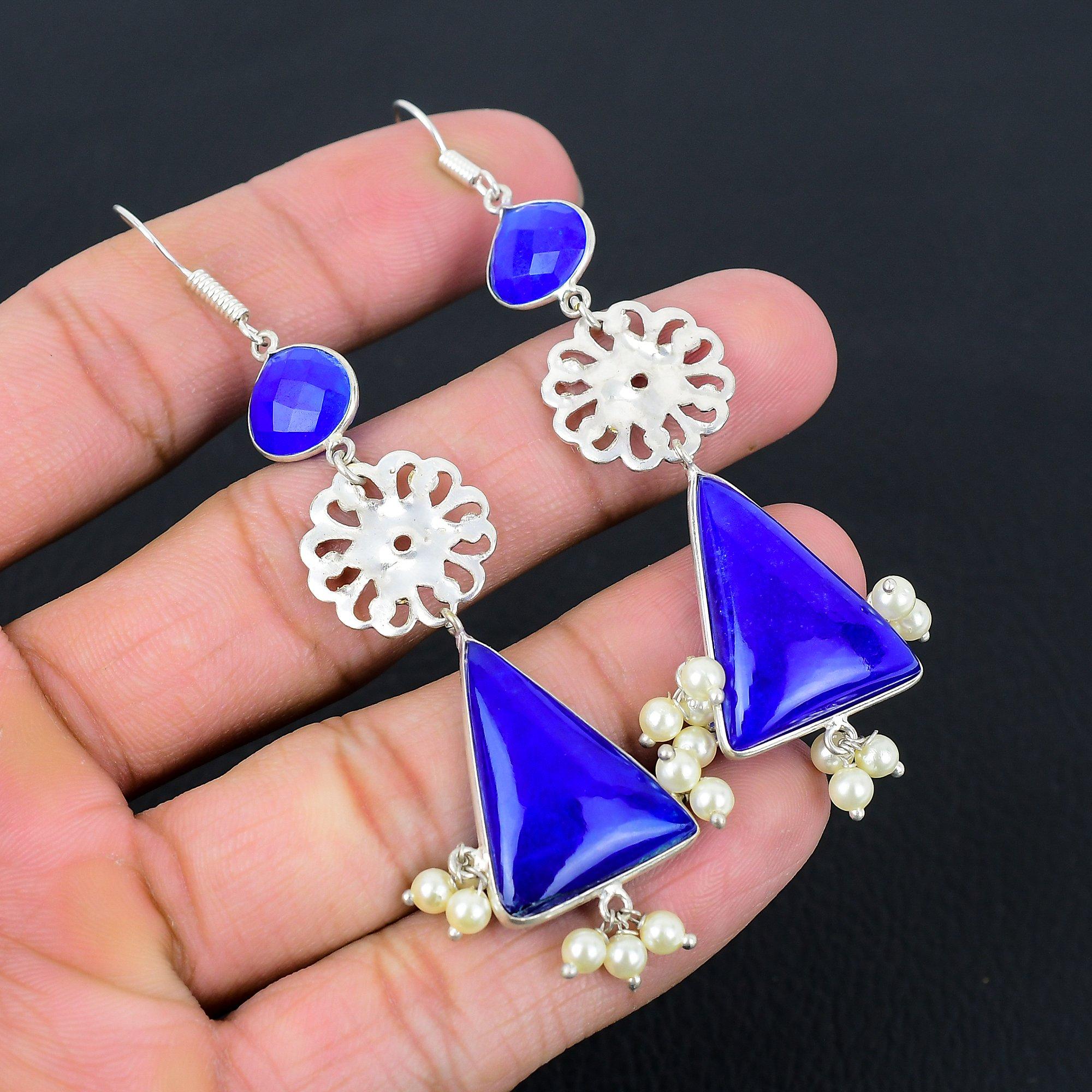 

Daughters Day Sale Blue Sapphire Stone Dangling Earrings Jewelry Sterling Silver