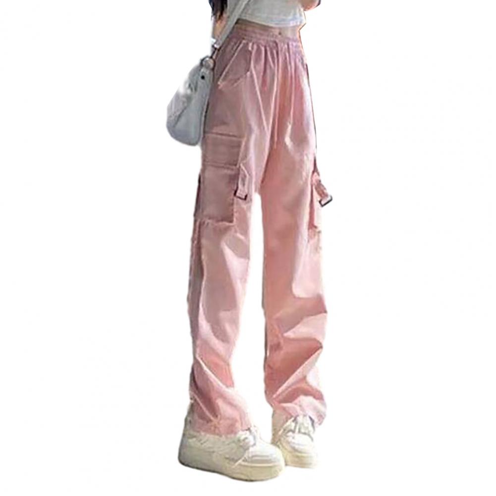 

Женские тонкие брюки-карго с эластичным шнурком и высокой талией, повседневные брюки, однотонные широкие брюки, спортивные брюки с несколькими карманами M розовый
