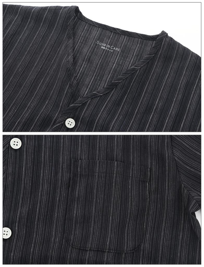 Kaituck Family Suimin Care Shijira Sizes 3L Black Men's Japanese-Made Pajamas, Yarn-Dyed Fabric, 100% Cotton, V-Neck, Black, Navy, Spring, Summer,