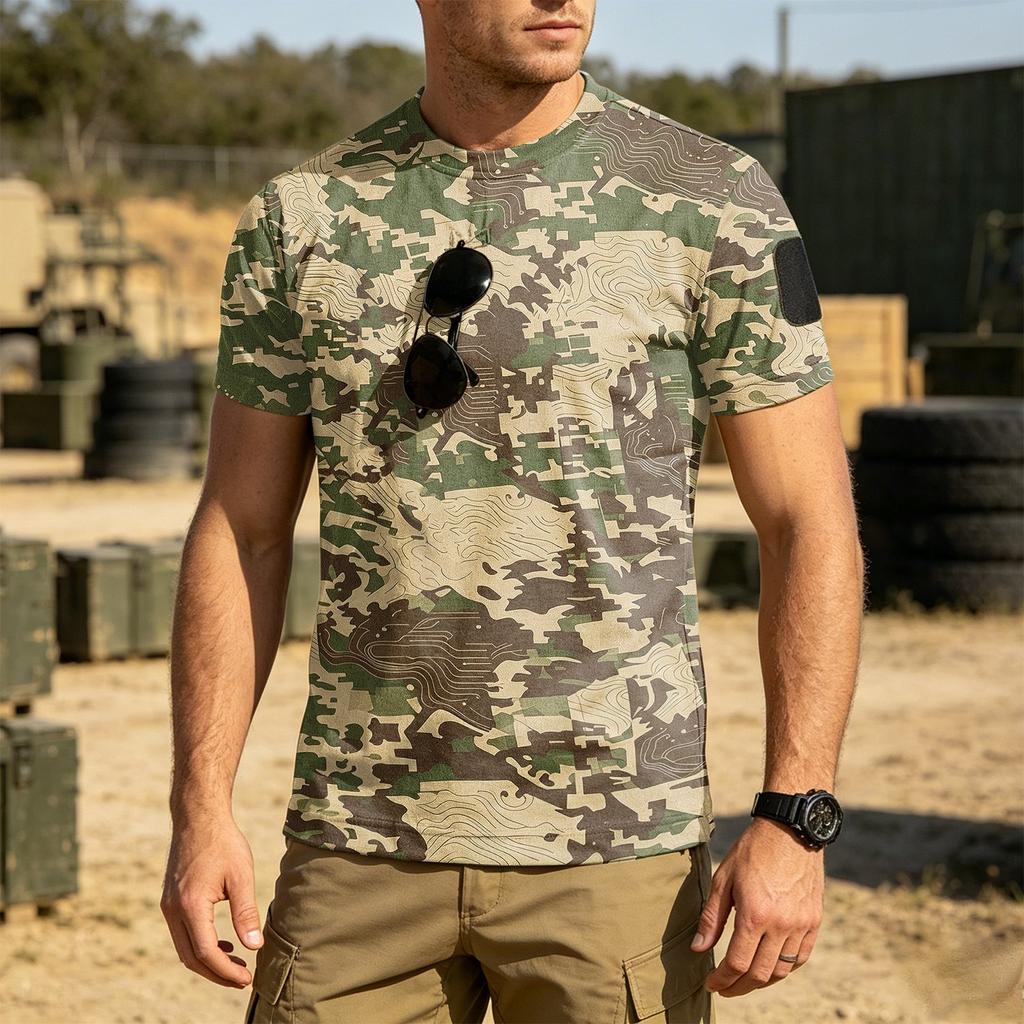 Men's Tactical Outdoor Quick-Dry T-Shirt with Velcro Patch Area Loose Fit Breathable Round Neck Camouflage Print