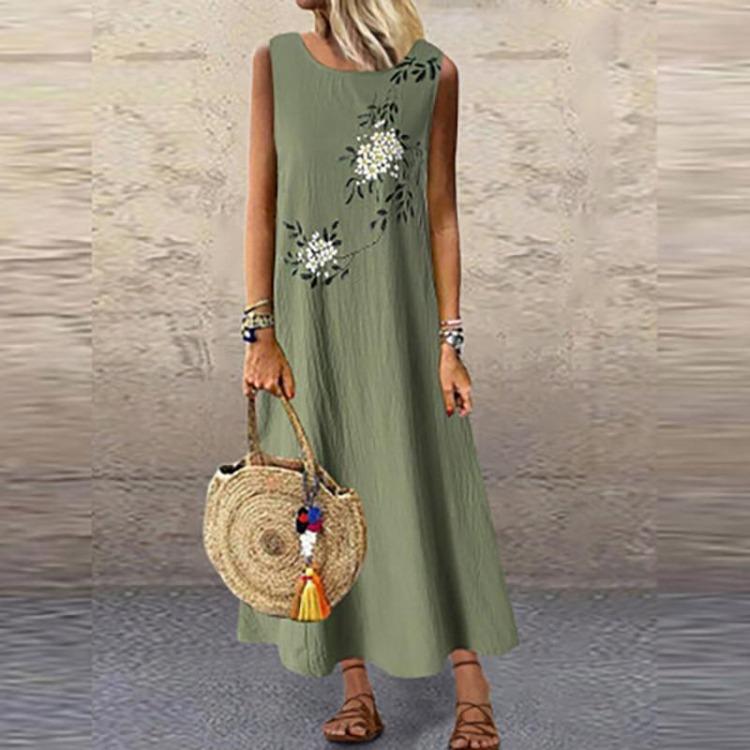 

2021 Sexy Summer Women Dress Plus Size Linen Casual Sleeveless Loose Long Maxi Dress Printed Floral XL