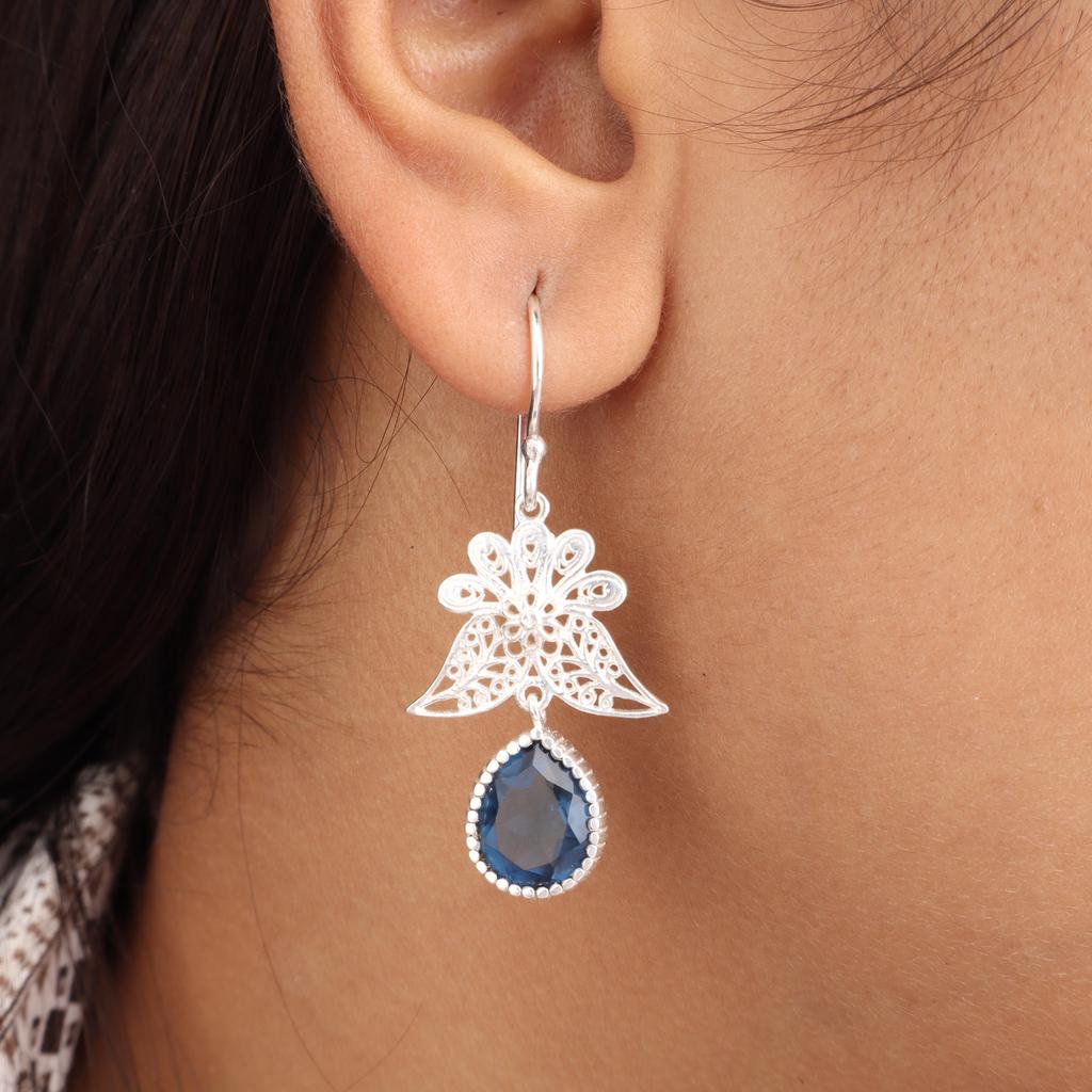 London Blue Topaz Gemstone 925 Sterling Silver Handcrafted Jewelry Designer Long Earrings 1.84" For Birthday Gift CE-23-8