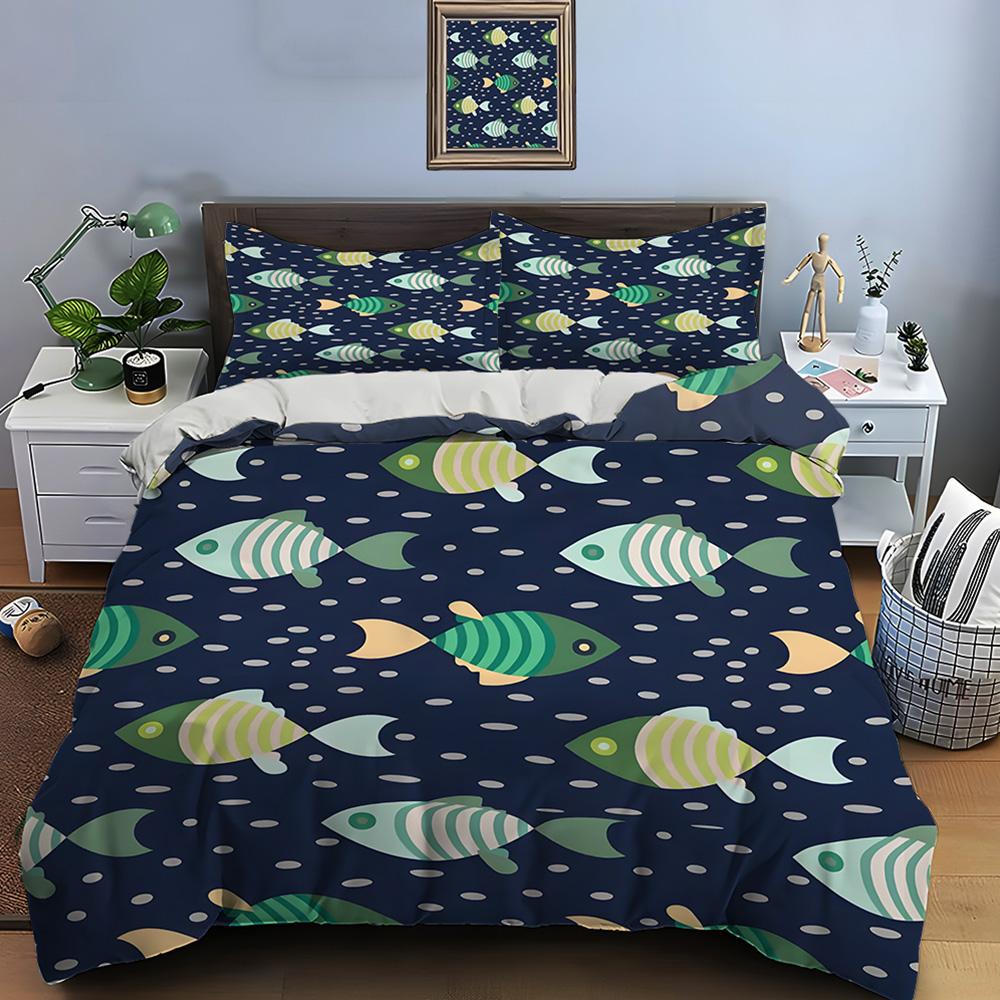 Set Biancheria da Letto con Fantasia di Pesci Colorati 3 Pezzi 1 Copripiumino 2 Federe per Adulti e Bambini Regalo di Lusso Misura Matrimoniale