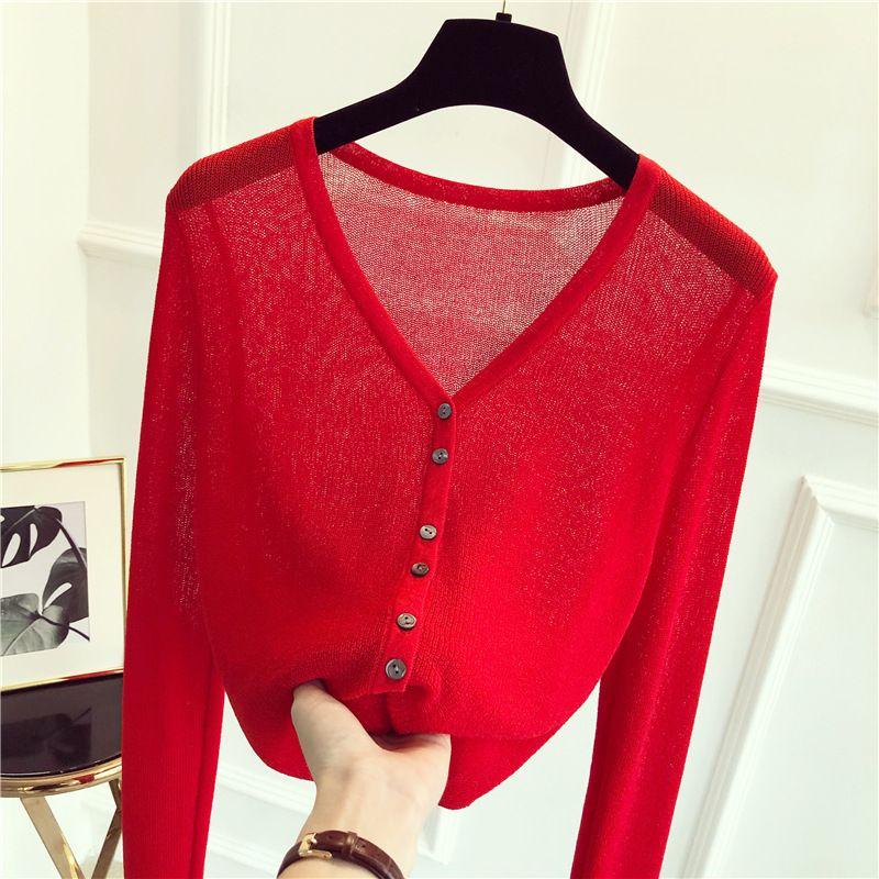 

Short Summer Cardigan Long Sleeves Ice Silk Sun Protection Shirt Air Conditioning Shirt with Skirt Outer Shawl Female Knitwear Red Red In Stock One size