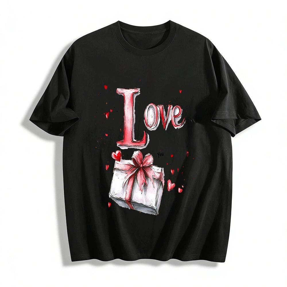 Love You Gift Print Casual Crewneck Top For Couples Pure cotton T-shirt XXS