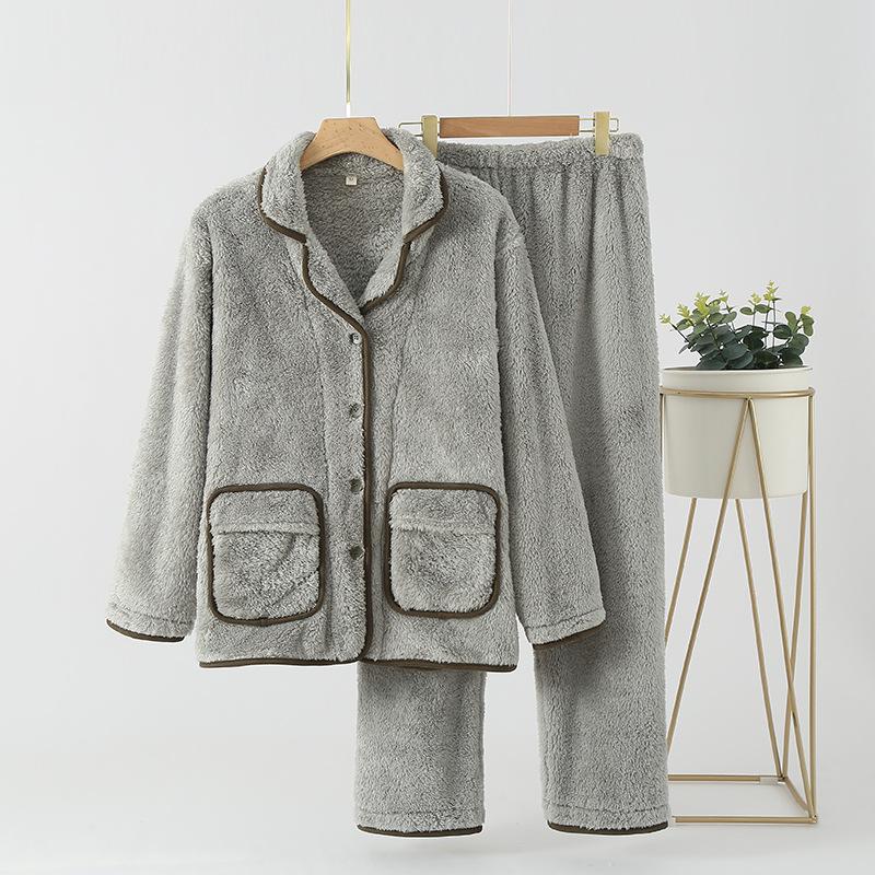 Autumn and winter loungewear warm thickened pajamas pajamas women's arctic velvet couple's solid color cardigan can be worn loosely