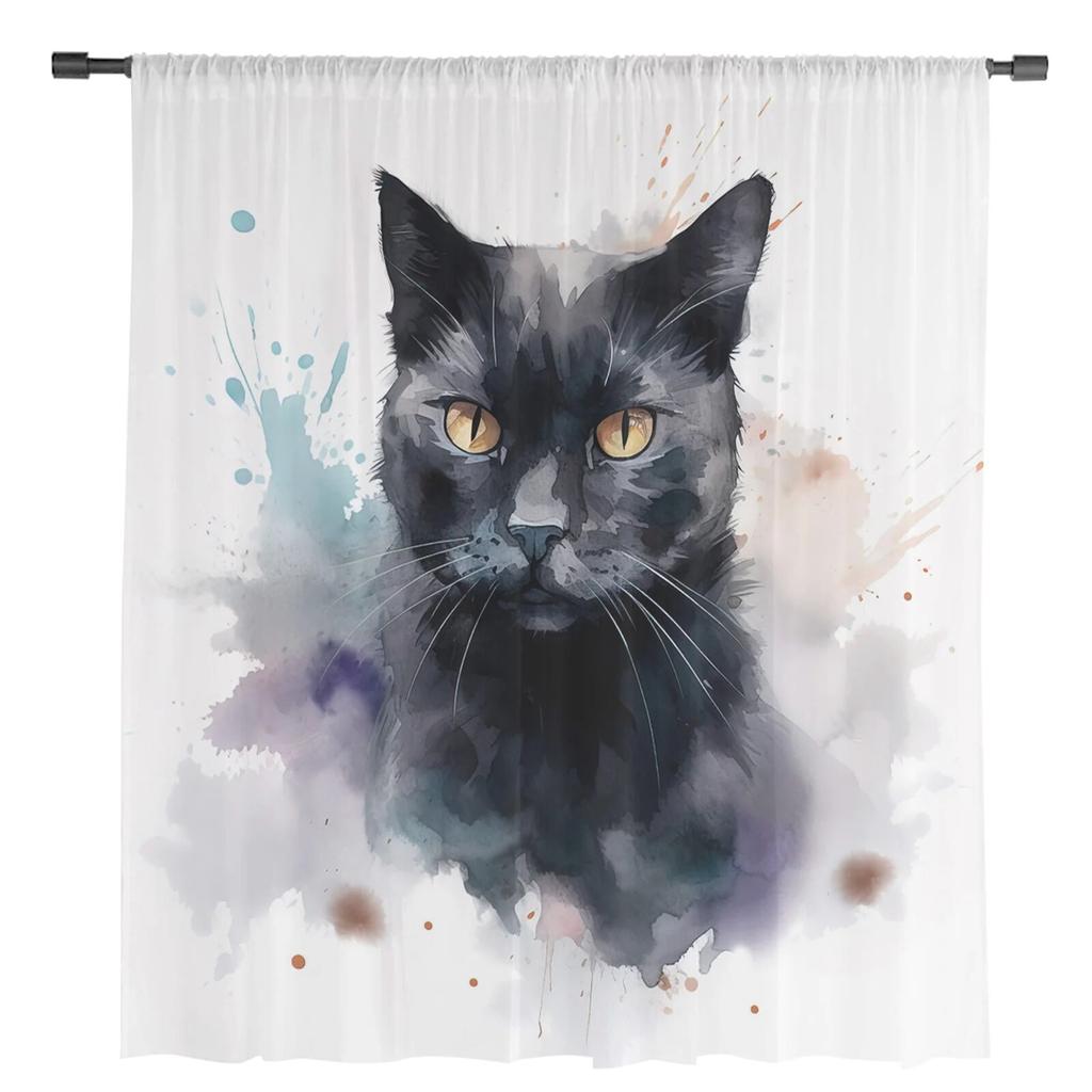 Transparente Vorhänge mit Tierkatzen-Aquarellmuster für Wohnzimmer, Schlafzimmer, Tüll-Vorhang für die Küche, Voile-Vorhang, Blindpaneele