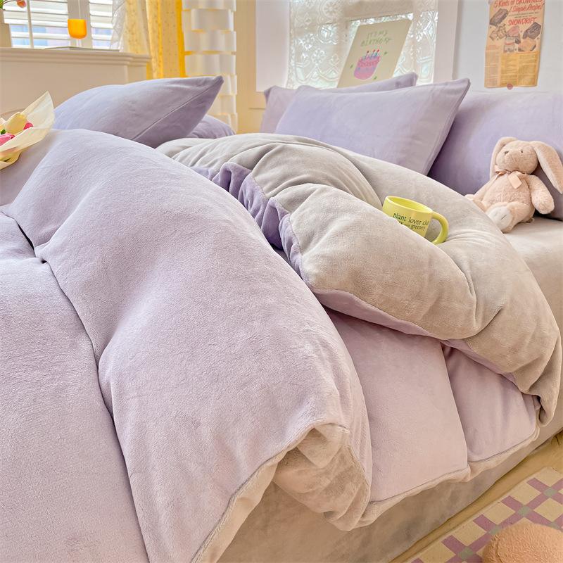 Thickened Milk Fleece Four-Piece Set, Solid Color Coral Fleece Bed Sheet Quilt Cover, Fleece Bedding Three-Piece Set