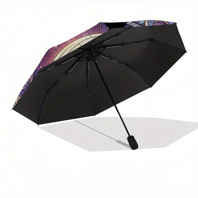 Stained Glass Cat Moon Automatic Folding Umbrella  8 Ribs, Durable Iron Frame, Bright Color Pattern Compact Travel Umbrella, Suitable for Ou