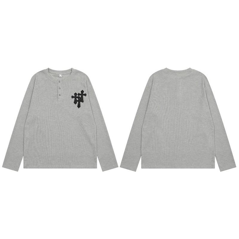 Unisex Retro Streetwear Kreuz Besticktes Patch T-Shirt Lockerer Schnitt Langarm Baumwollmischung Oberteil