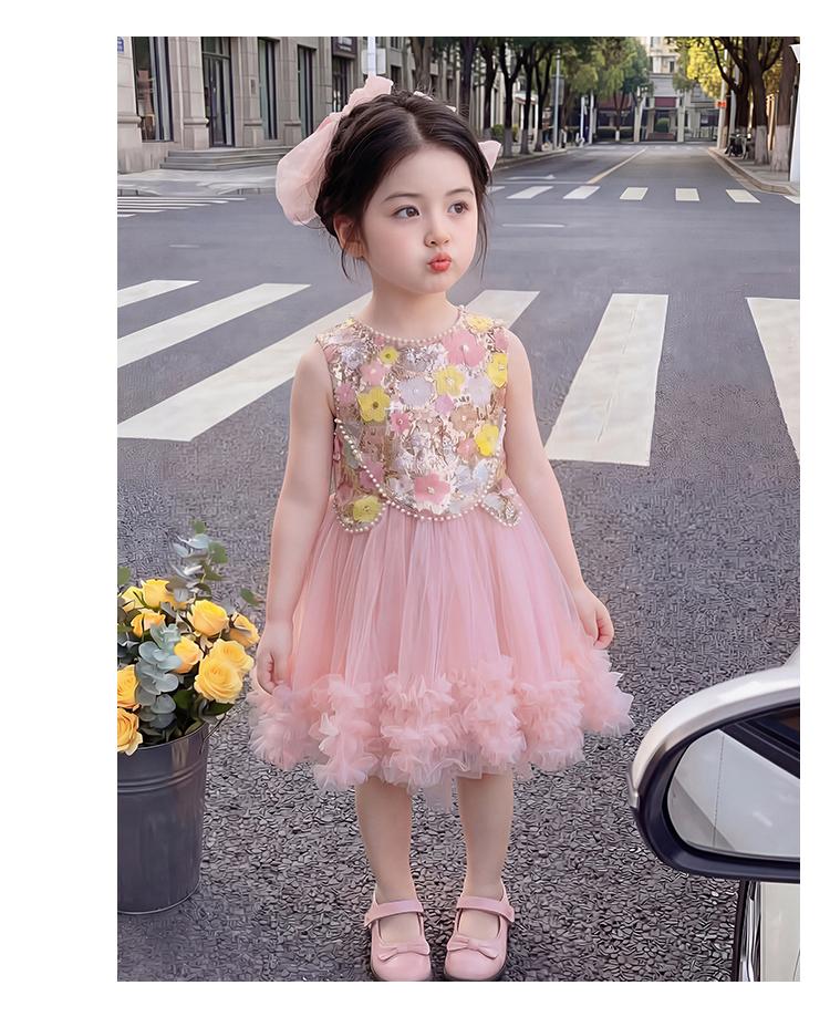 Girl's Pink Mesh Sleeveless Dress Summer Baby Girl Sweet Big Bow Dress Performance Princess Dress