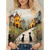 Apricot cute cat print design, elegant crew neck long-sleeve T-shirt for women's fashion for autumn and winter
