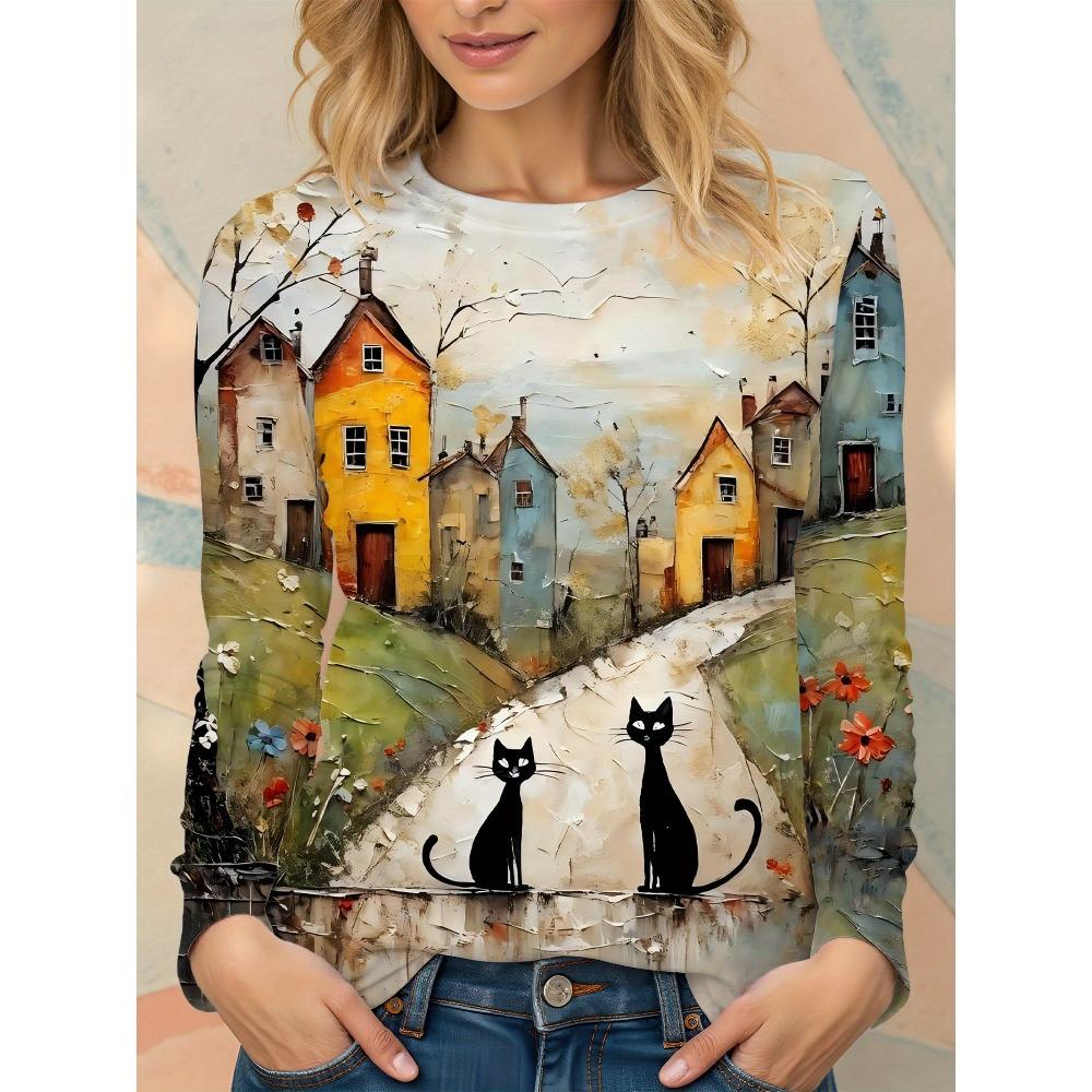 Apricot cute cat print design, elegant crew neck long-sleeve T-shirt for women's fashion for autumn and winter