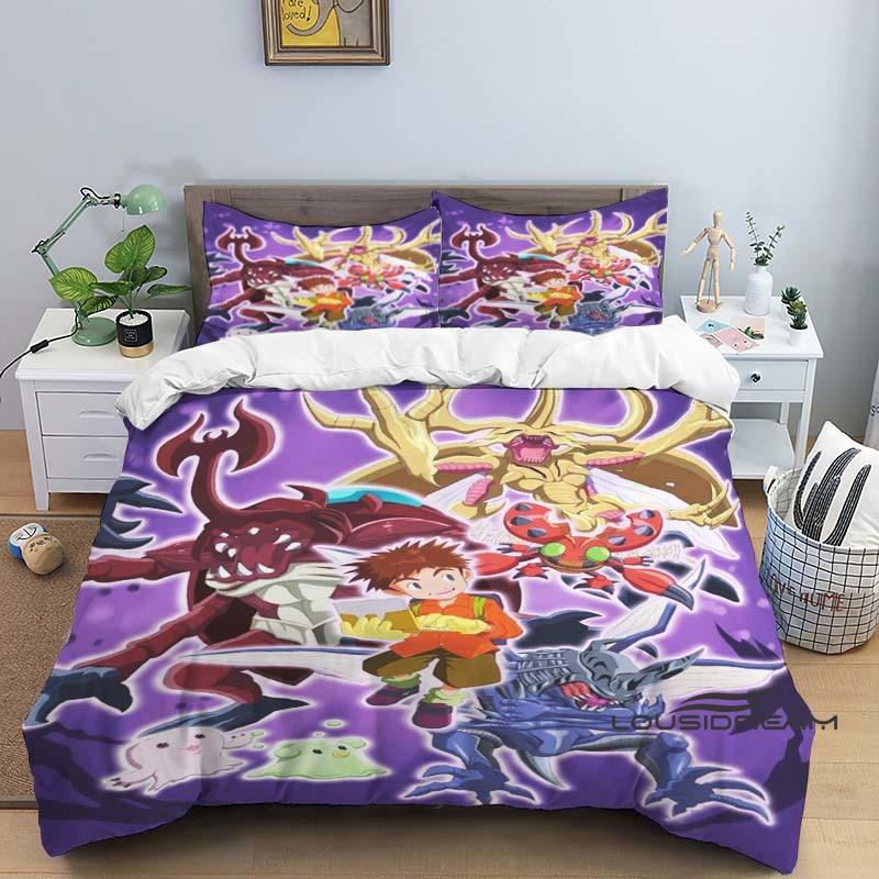 Digimon Cartoon 3D-Printed Bedding Set—Includes Duvet Cover and Pillowcases—Available for Single, Double, King, and Queen-Sized