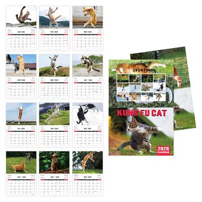 12-Month 2026 Kung Fu Cat Calendar Paper Wall Hanging with Feline Design for Office Supplies and Personal Planner Accessory