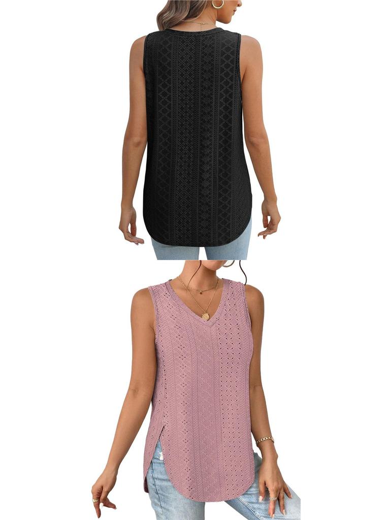 Spring/Summer V-Neck Sleeveless Eyelet Jacquard Women's Casual Vest Top