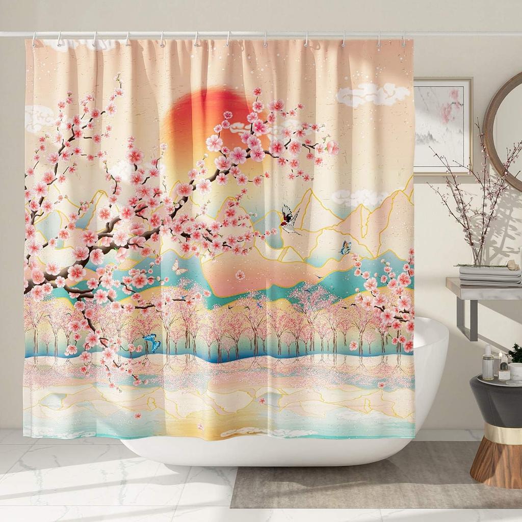 Japanese Shower Curtain Asian Art Mountain Shower Curtain Anime Cherry Blossom Shower Curtain Polyester 72X72 Inch