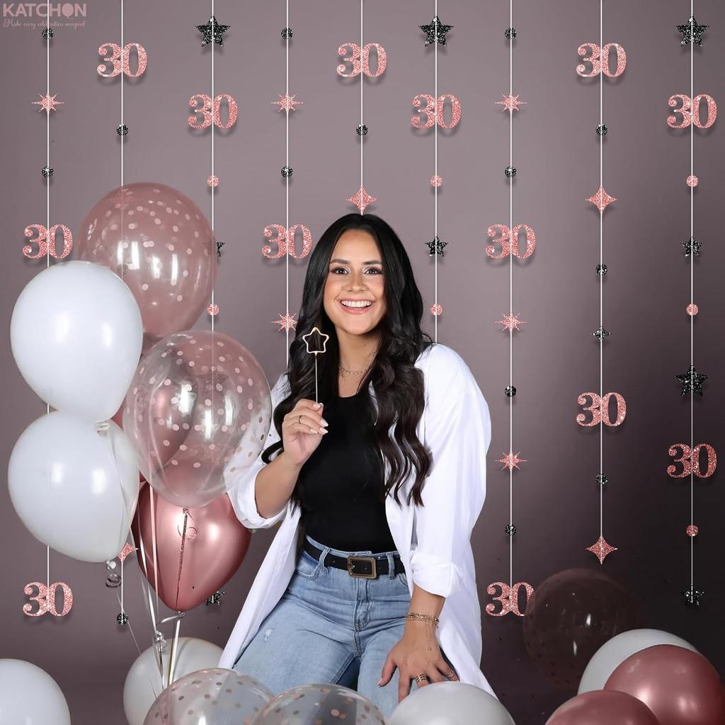 KatchOn, Rose Gold 30th Birthday Decorations - 9 String Hanging Garland, 6 Feet | No DIY 30 Years Party Hanging Streamer | Dirty 30 Birthday