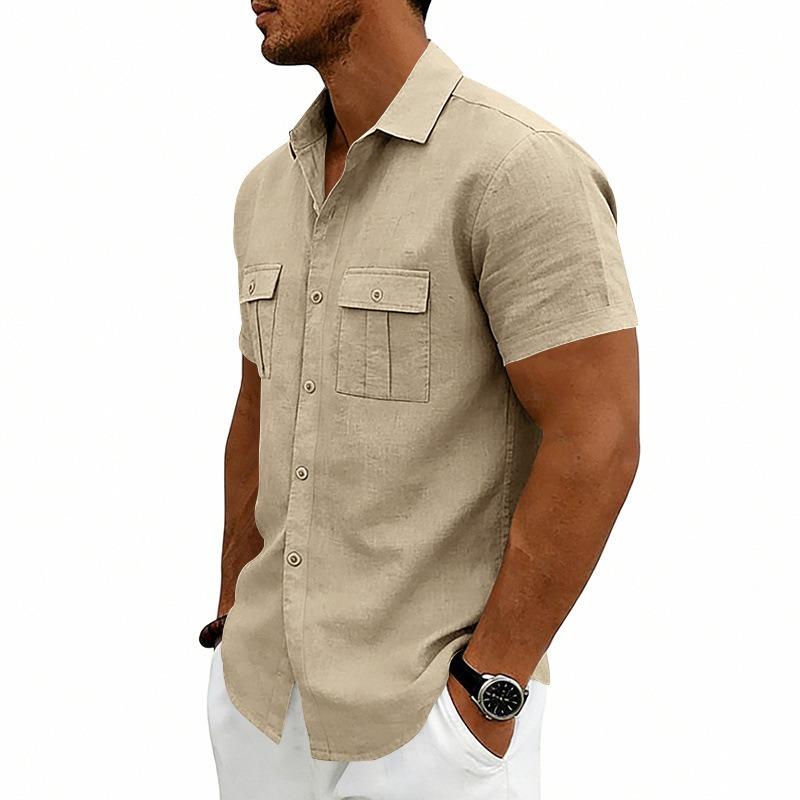 Men S American Casual Loose Short Sleeve Linen Work Shirt With Double Pockets