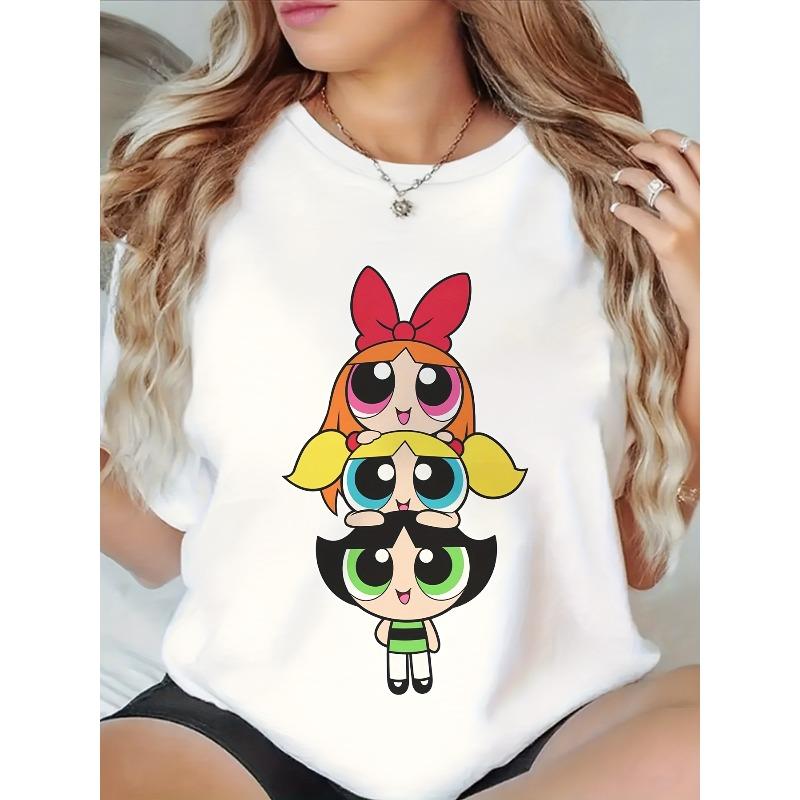 European size - The Powerpuff s Women'S L-5XL Oversized T-Shirt - Blossom, Buttercup Bubbles Graphic Print, Retro Cartoon Short Sleeve Round