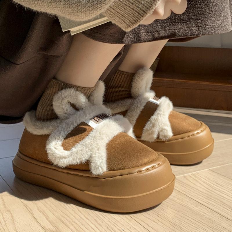 Rabbit ear cotton slippers winter 2025 new indoor home platform cute plush warm bag and cotton shoes outside wear