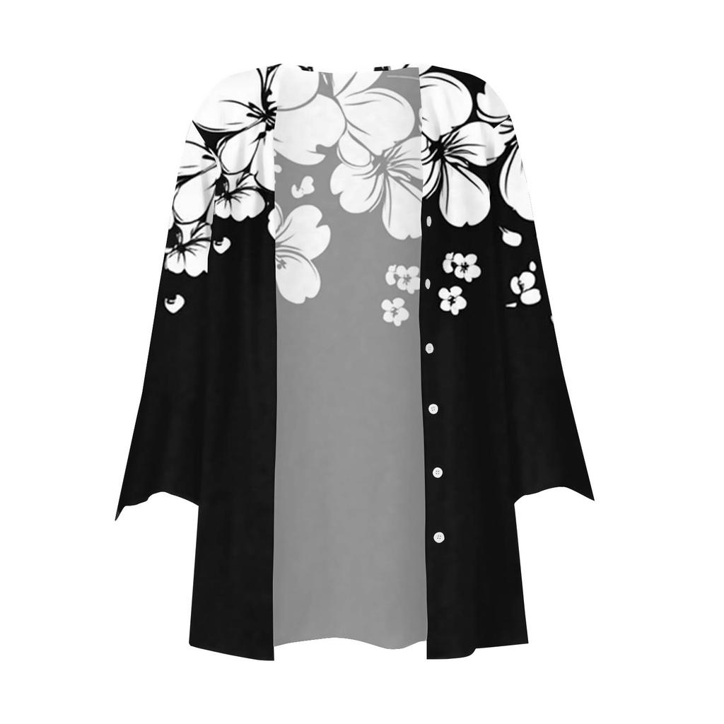 Women's Fashion Loose Casual Printed Seven-Part Sleeve Button Down Blouse Cardigan Top