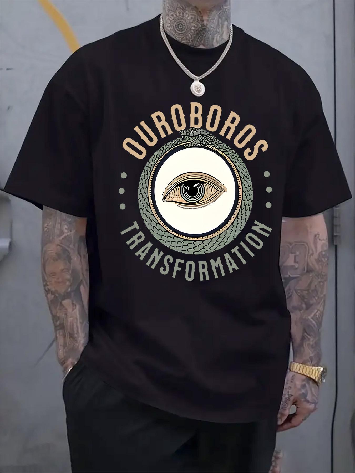 Casual Crew Neck T-shirt with Ouroboros Snake & Eye Graphic Print S
