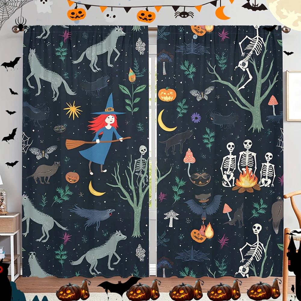 2pcs- Halloween Witch and Skeleton Forest Printed Curtains, Pole Bag Home Decorations, Room Decorations