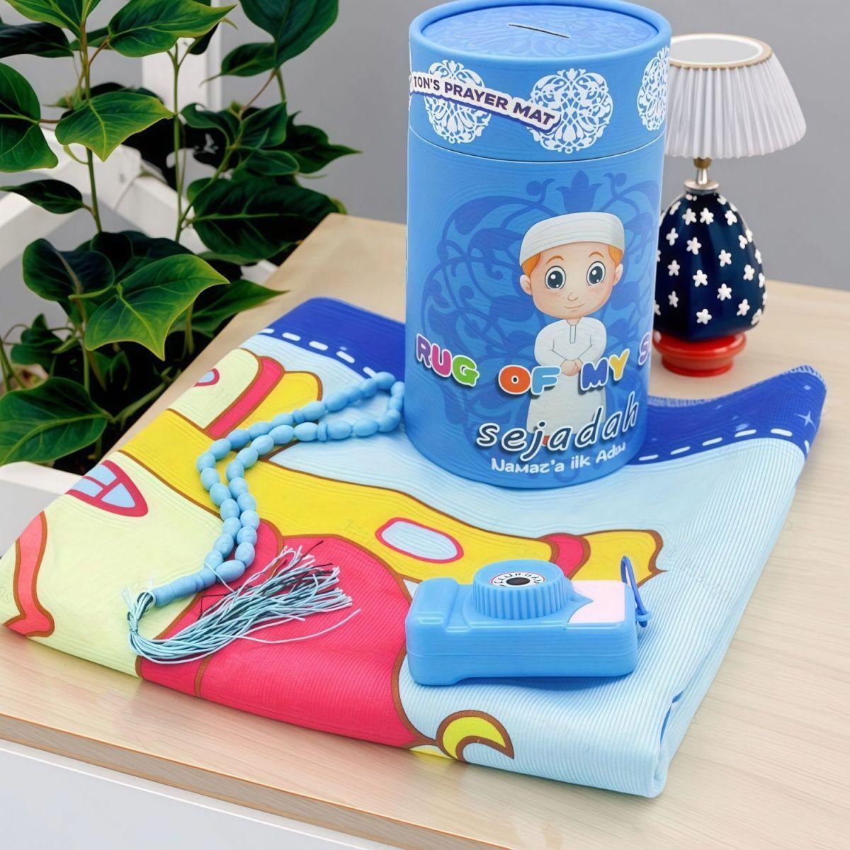 

Children prayer Rugs Barrel storage Muslim prayer mats with prayer beads for girl and boy 90cm*45cm Random Rug синій