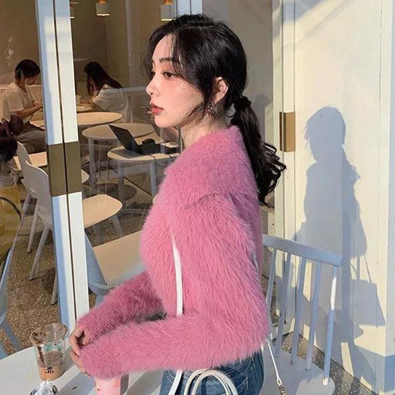 Mink Fleece Cardigan Sweater Women Polo Short Soft Waxy Autumn Solid Diamond Button Knitted Cardigan Small Fragrant Sweater Coat