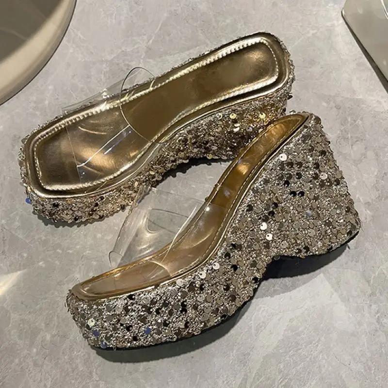 Eilyken New Summer Design Sequin Cloth Platform Wedges Slippers Women Street Style PVC Transparent Heels Banquet Shoes