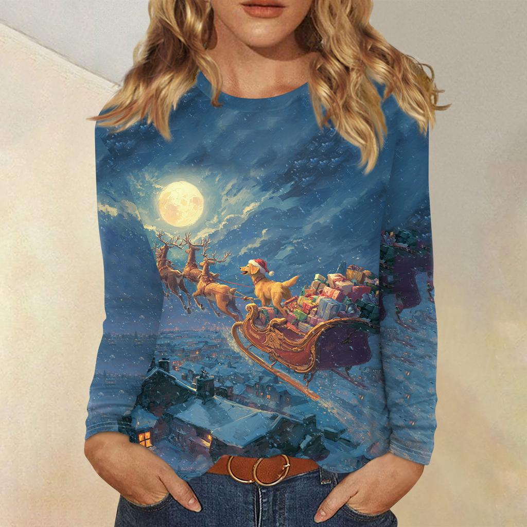 Langermede skjorter for kvinner Søt trykk grafisk t-skjorte Bluser Uformell Pluss størrelse Basic Topper Pullover