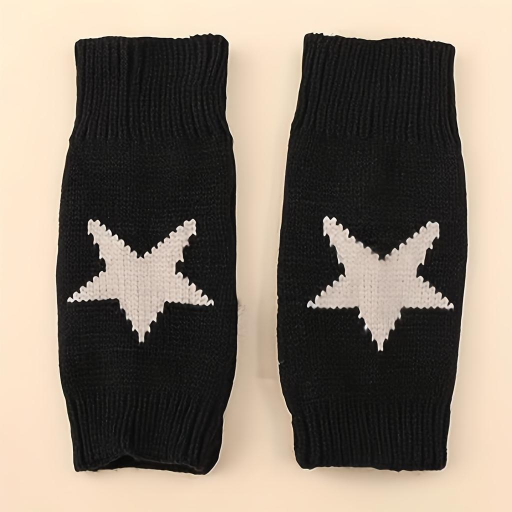 Cute pentagram black gloves for men and women, winter open finger knitted warm gloves
