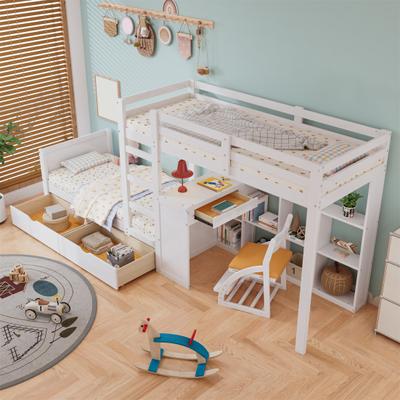 Stable Base Bunk Bed with Open Shelves Computer Desk Drawers Ladder Sleeping Fence Solid Wood Frame Loft Bed Home Furniture