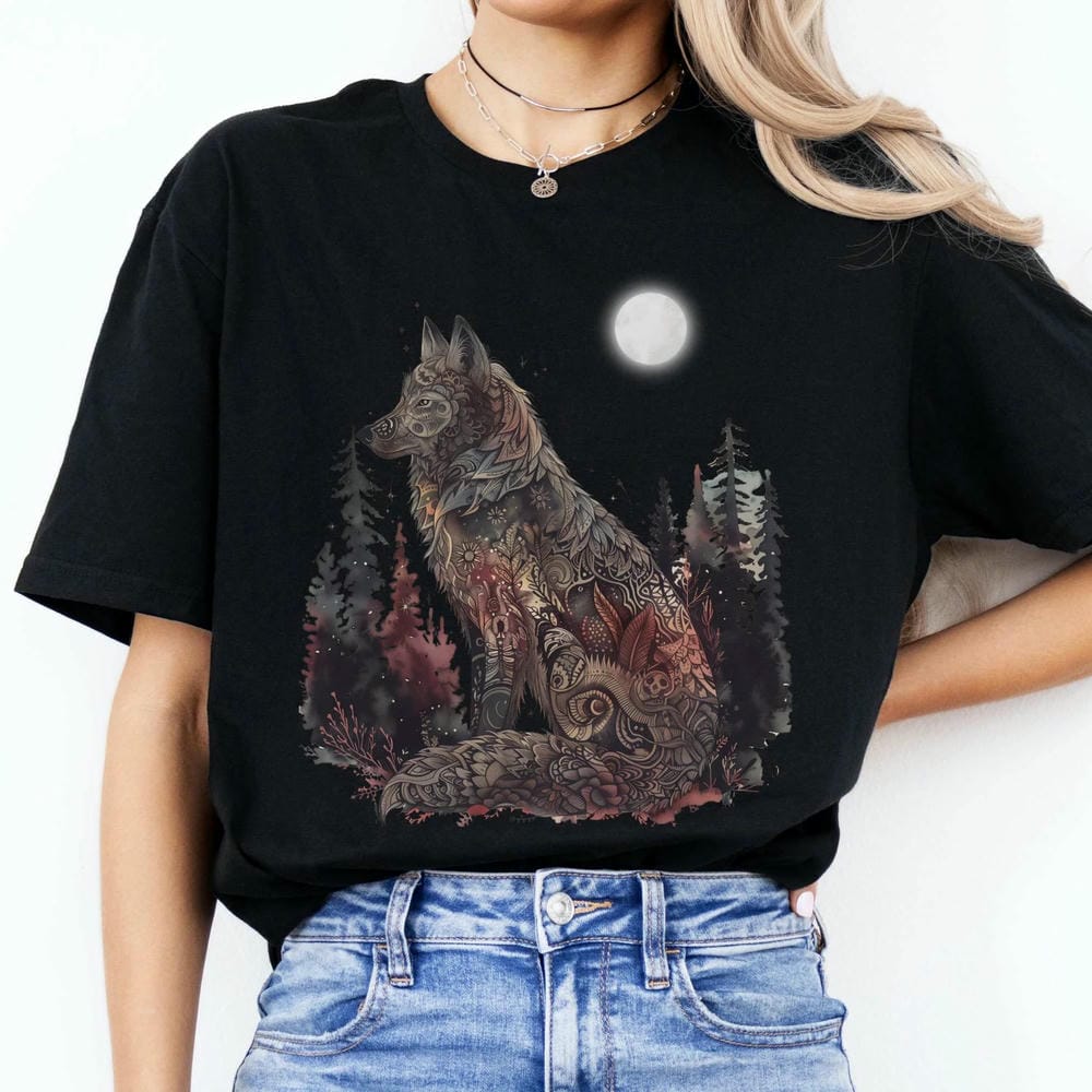 Maanlicht Mystieke Wolf Print T-shirt Vintage Dark Academia Fantasy Y2K Unisex Shirt Casual Korte Mouw Katoenen T-shirt Streetwear