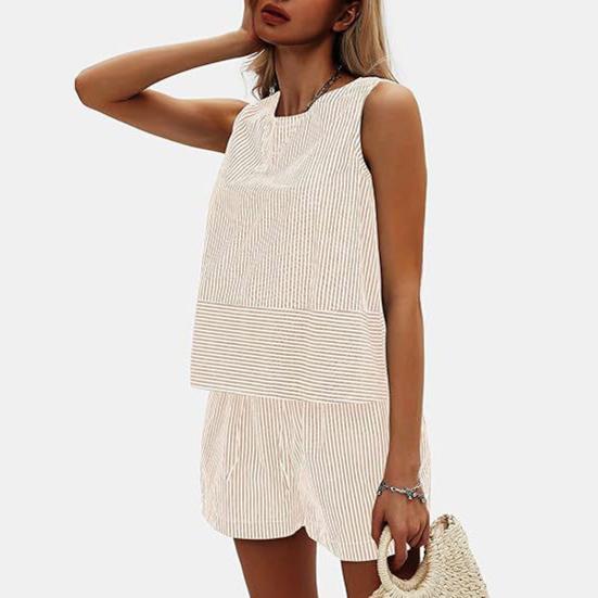 Γυναικεία καλοκαιρινά 2 τεμάχια, σετ αμάνικα σορτς με φανελάκι, casual ριγέ φόρμα, σετ για διακοπές και παραλία, ασορτί σετ