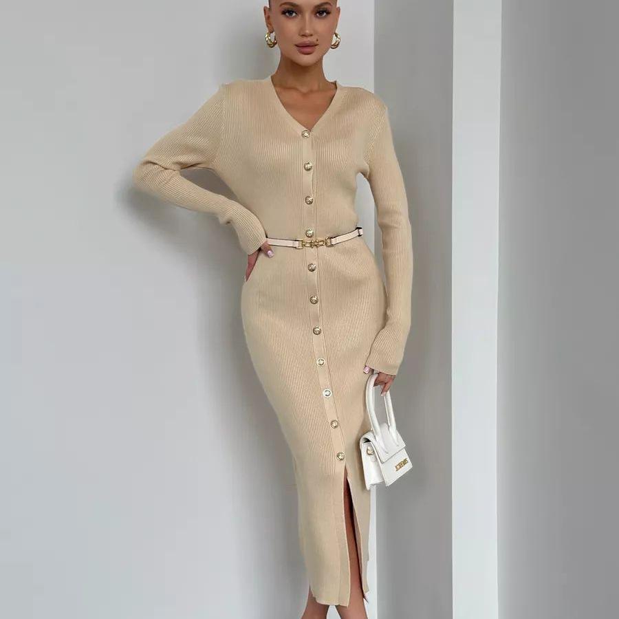 Women's V-Neck Knit Dress with Metal Buttons and Waist Belt, Side Slit, Casual Elegant Long Sleeve Sweater Dress