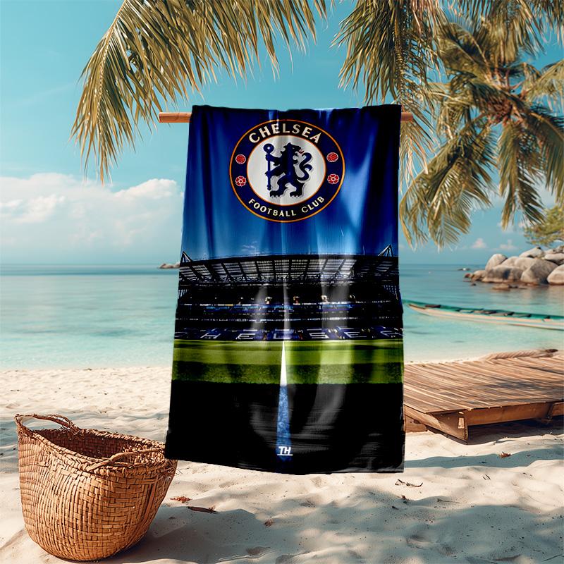 proof beach towel with Chelsea FC logo pattern - soft,absorbent,quick-drying,machine washable - perfect for swimming,camping,bathing