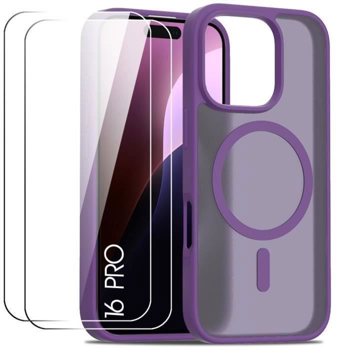 Coque de Protection - BOOLING - pour iPhone 16 Pro - Violet Foncé - Anneau Magnétique - Verres Trempés