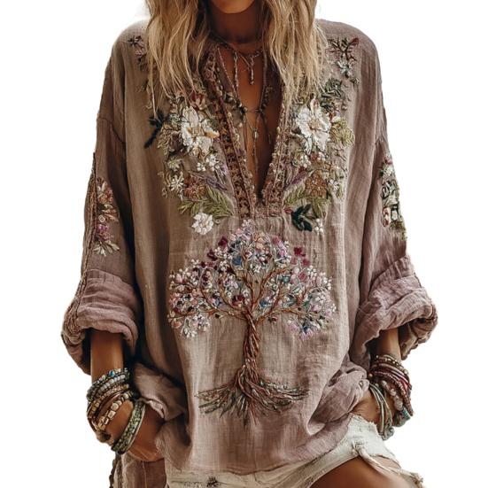 Damska Koszula Oversize z Dekoltem V Długi Rękaw Casualowa Wiosna Jesień Koszula z Wzorem Drukowanym 3D Oddychająca